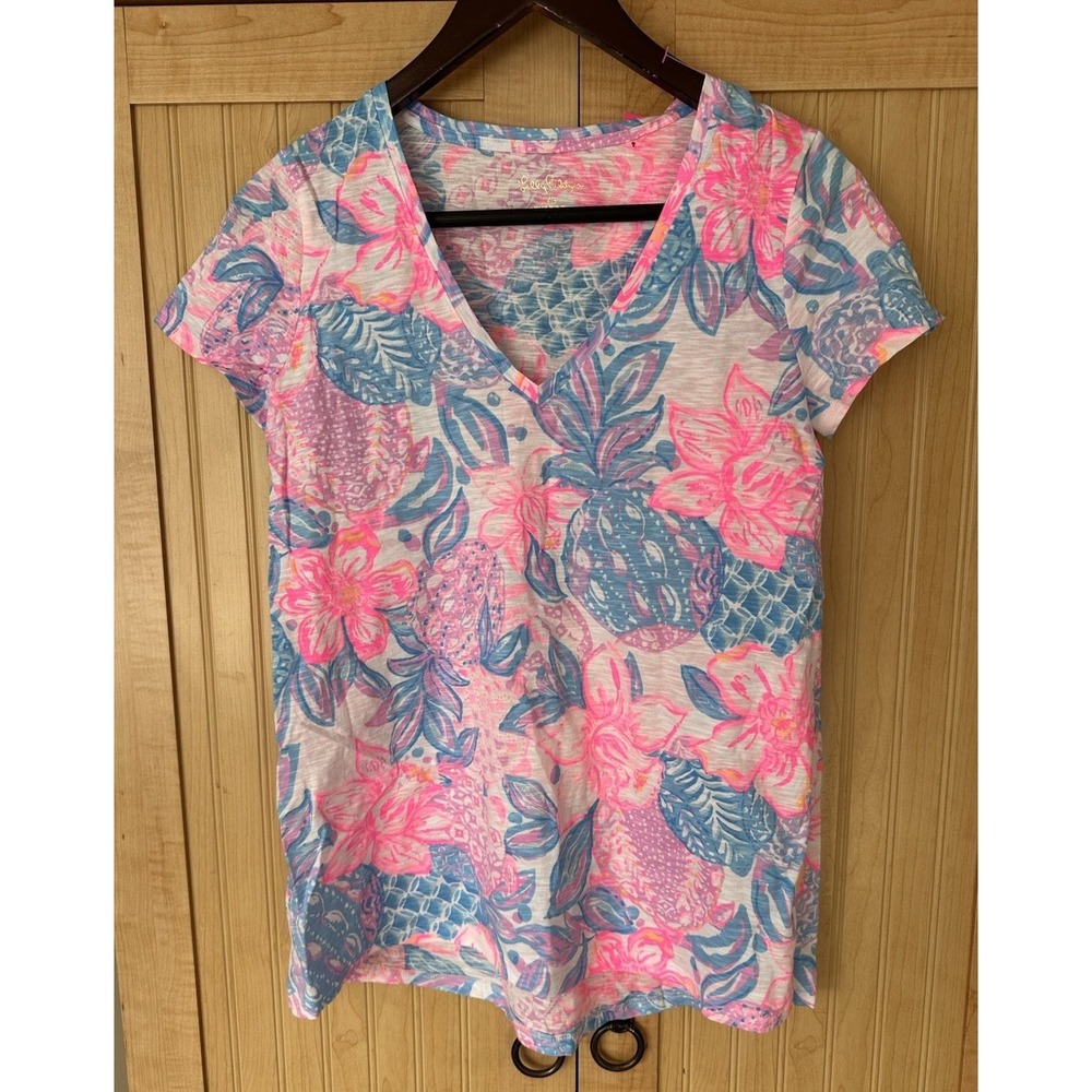 Lilly Pulitzer Top Etta V-neck Pink Blue isle snappy turtle NWT Size XS *READ*